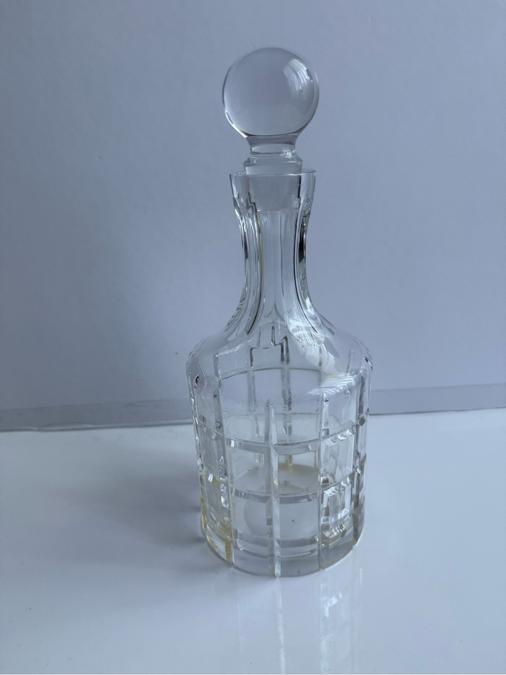Vintage Cut Glass Decanter Large Crystal Style Stopper Squarecut Panel Heavy